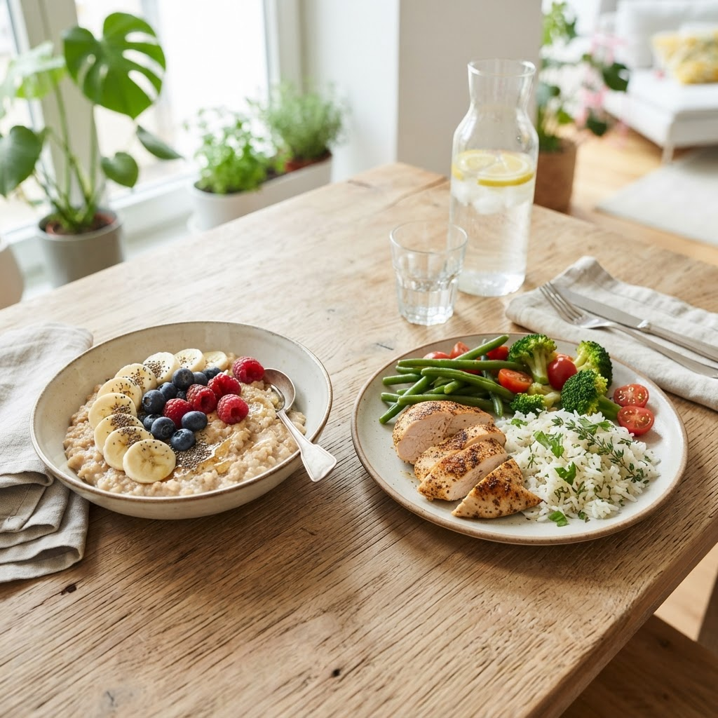 Pre-workout meal of oats and fruit next to a post-workout protein plate