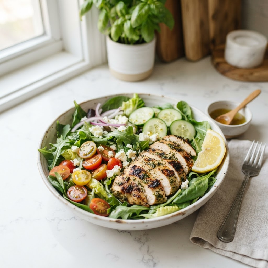 Fresh healthy salad bowl with lean protein