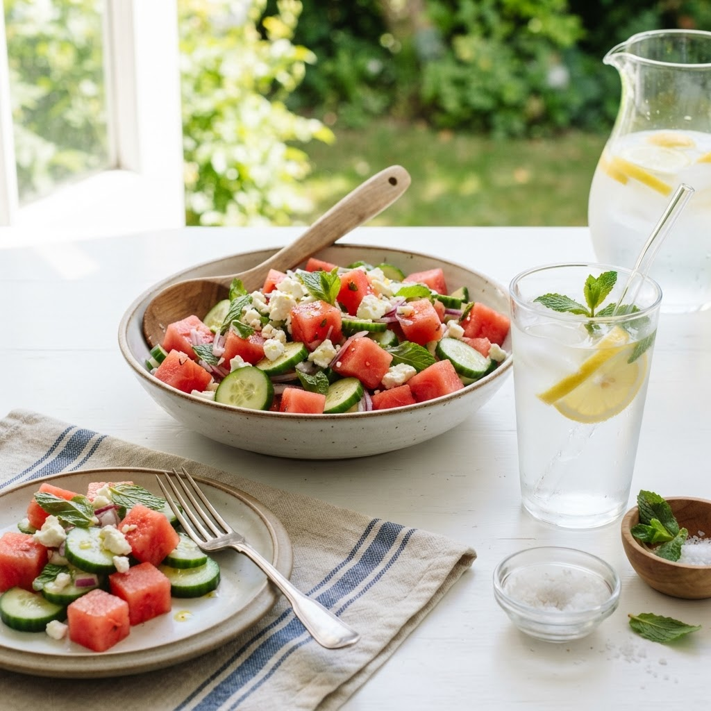 Refreshing hydrating salad and water with lemon and mint