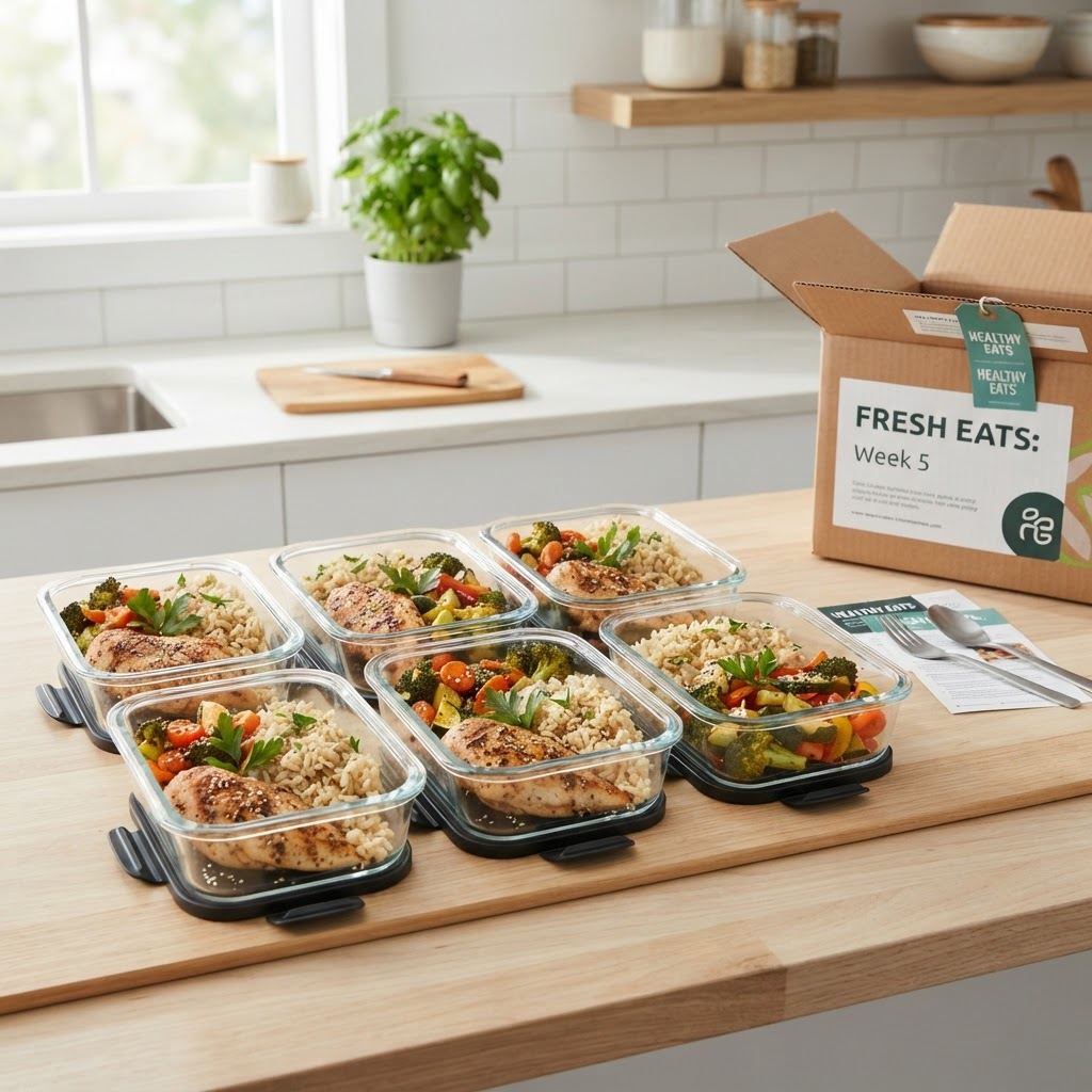 Meal prep containers next to a delivered healthy meal box