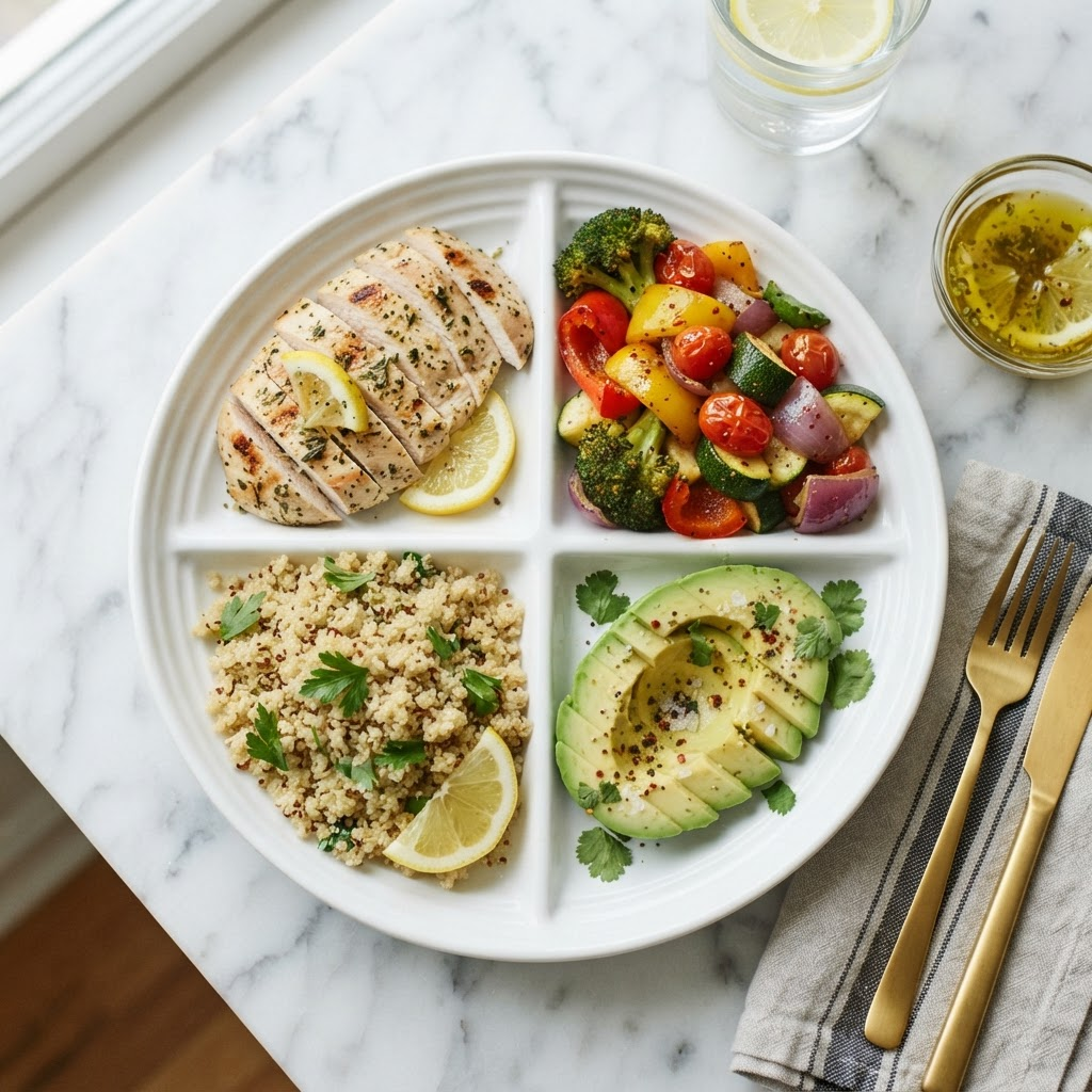 Balanced meal showing portions of protein, carbohydrates, and healthy fats